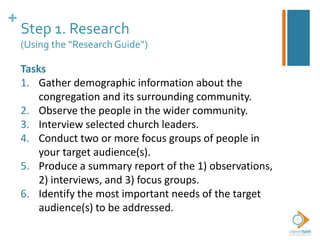 +
Step 1. Research
(Using the “Research Guide”)
Tasks
1. Gather demographic information about the
congregation and its surrounding community.
2. Observe the people in the wider community.
3. Interview selected church leaders.
4. Conduct two or more focus groups of people in
your target audience(s).
5. Produce a summary report of the 1) observations,
2) interviews, and 3) focus groups.
6. Identify the most important needs of the target
audience(s) to be addressed.
 