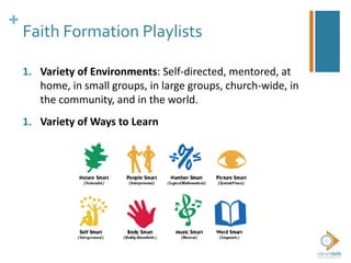 +
Faith Formation Playlists
1. Variety of Environments: Self-directed, mentored, at
home, in small groups, in large groups, church-wide, in
the community, and in the world.
1. Variety of Ways to Learn
 