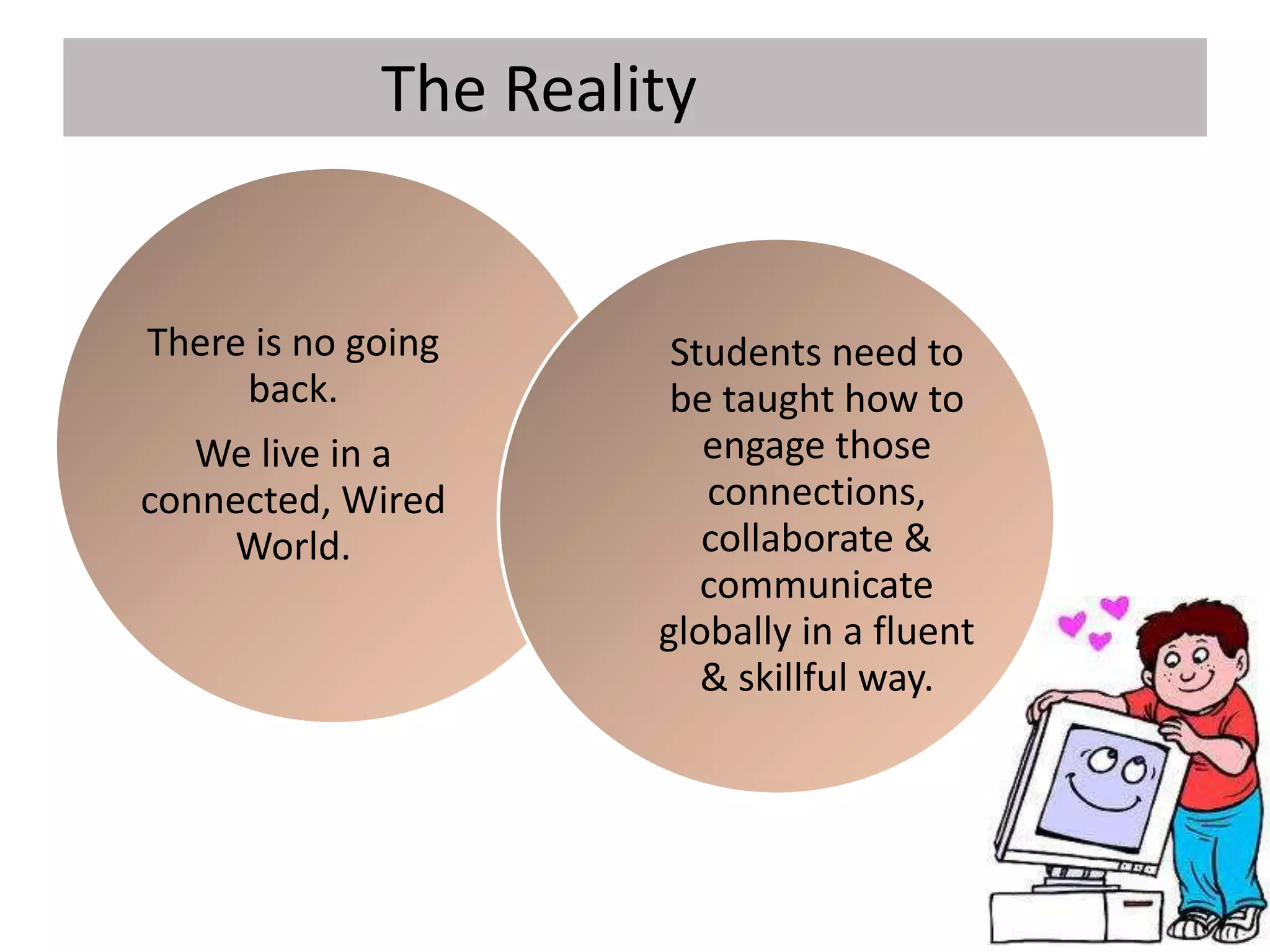 The Reality
There is no going
back.
We live in a
connected, Wired
World.
Students need to
be taught how to
engage those
connections,
collaborate &
communicate
globally in a fluent
& skillful way.
 