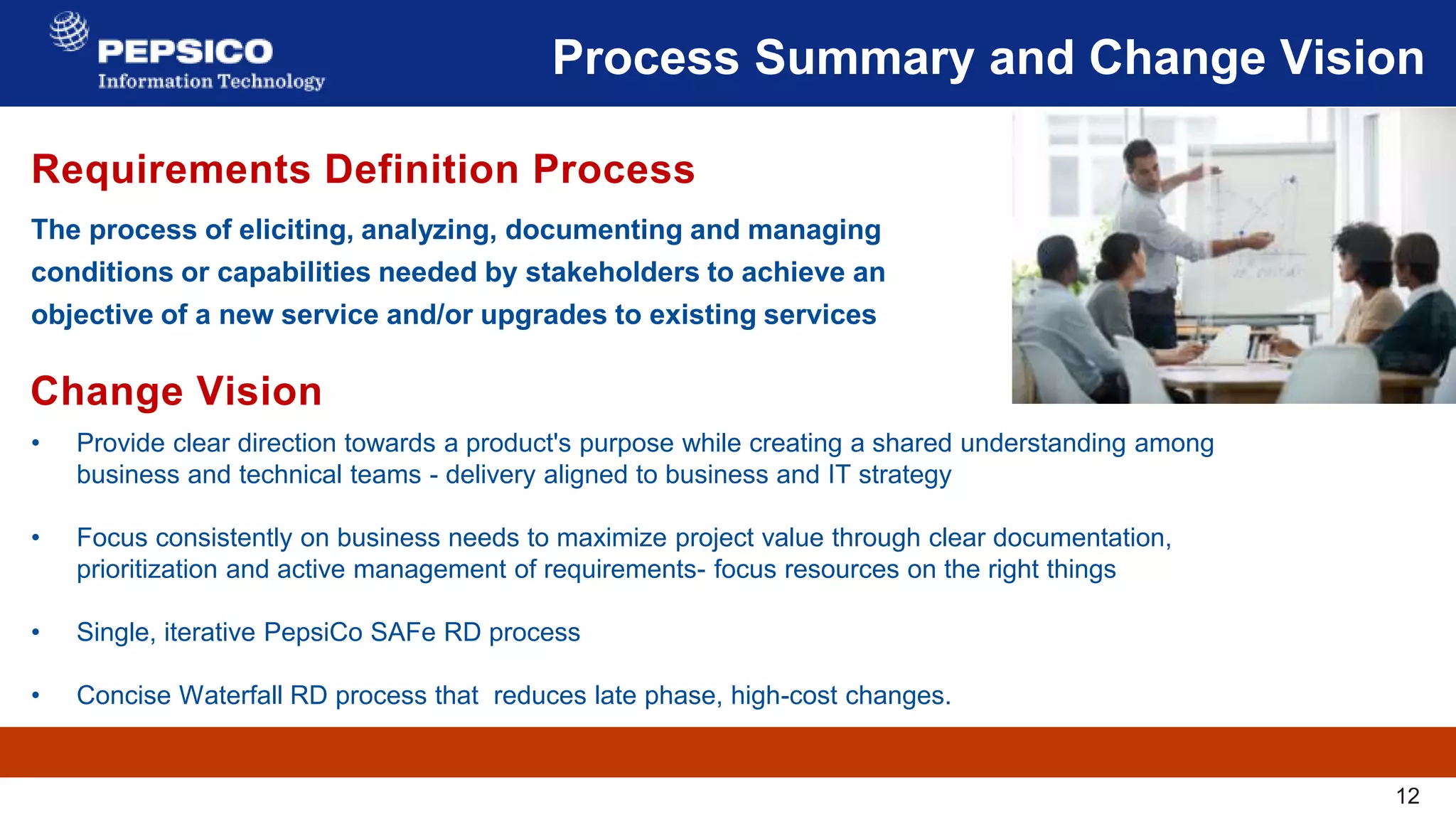 12
Process Summary and Change Vision
The process of eliciting, analyzing, documenting and managing
conditions or capabilities needed by stakeholders to achieve an
objective of a new service and/or upgrades to existing services
• Provide clear direction towards a product's purpose while creating a shared understanding among
business and technical teams - delivery aligned to business and IT strategy
• Focus consistently on business needs to maximize project value through clear documentation,
prioritization and active management of requirements- focus resources on the right things
• Single, iterative PepsiCo SAFe RD process
• Concise Waterfall RD process that reduces late phase, high-cost changes.
Requirements Definition Process
Change Vision
 