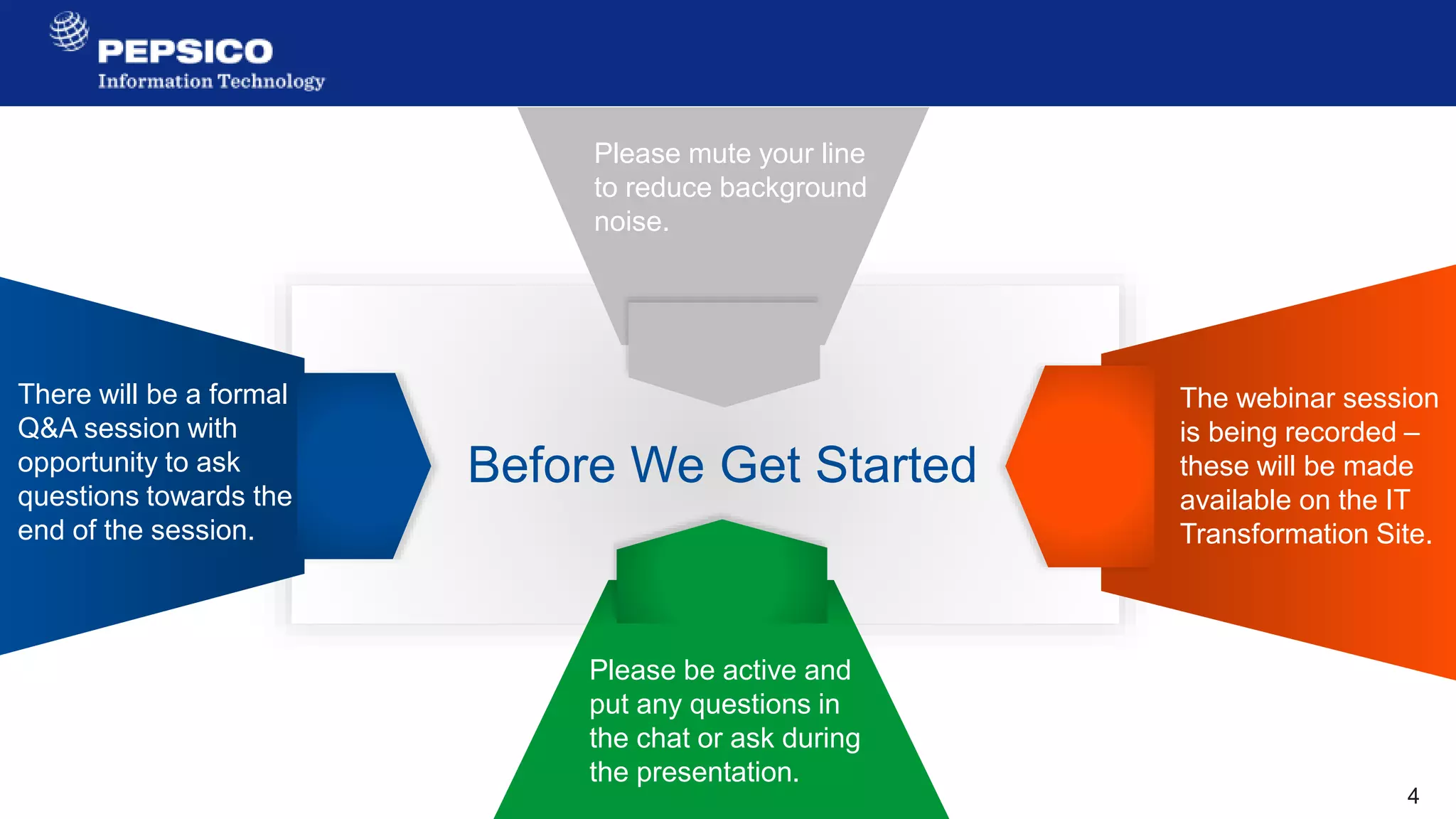 4
For Internal Use Only
Before We Get Started
The webinar session
is being recorded –
these will be made
available on the IT
Transformation Site.
There will be a formal
Q&A session with
opportunity to ask
questions towards the
end of the session.
Please mute your line
to reduce background
noise.
Please be active and
put any questions in
the chat or ask during
the presentation.
 