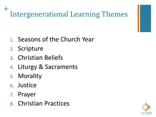 +
Intergenerational Learning Themes
1. Seasons of the Church Year
2. Scripture
3. Christian Beliefs
4. Liturgy & Sacraments
5. Morality
6. Justice
7. Prayer
8. Christian Practices
 