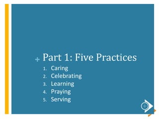 + Part 1: Five Practices
1. Caring
2. Celebrating
3. Learning
4. Praying
5. Serving
 