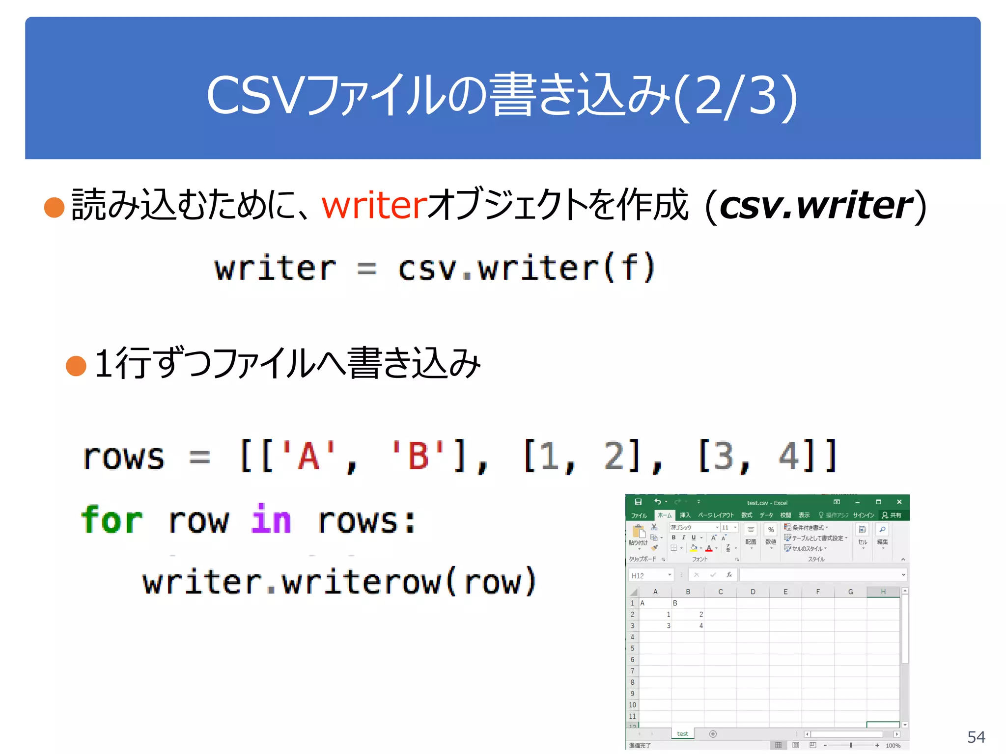 CSVファイルの書き込み(2/3)
●読み込むために、writerオブジェクトを作成 (csv.writer)
●1行ずつファイルへ書き込み
54
 