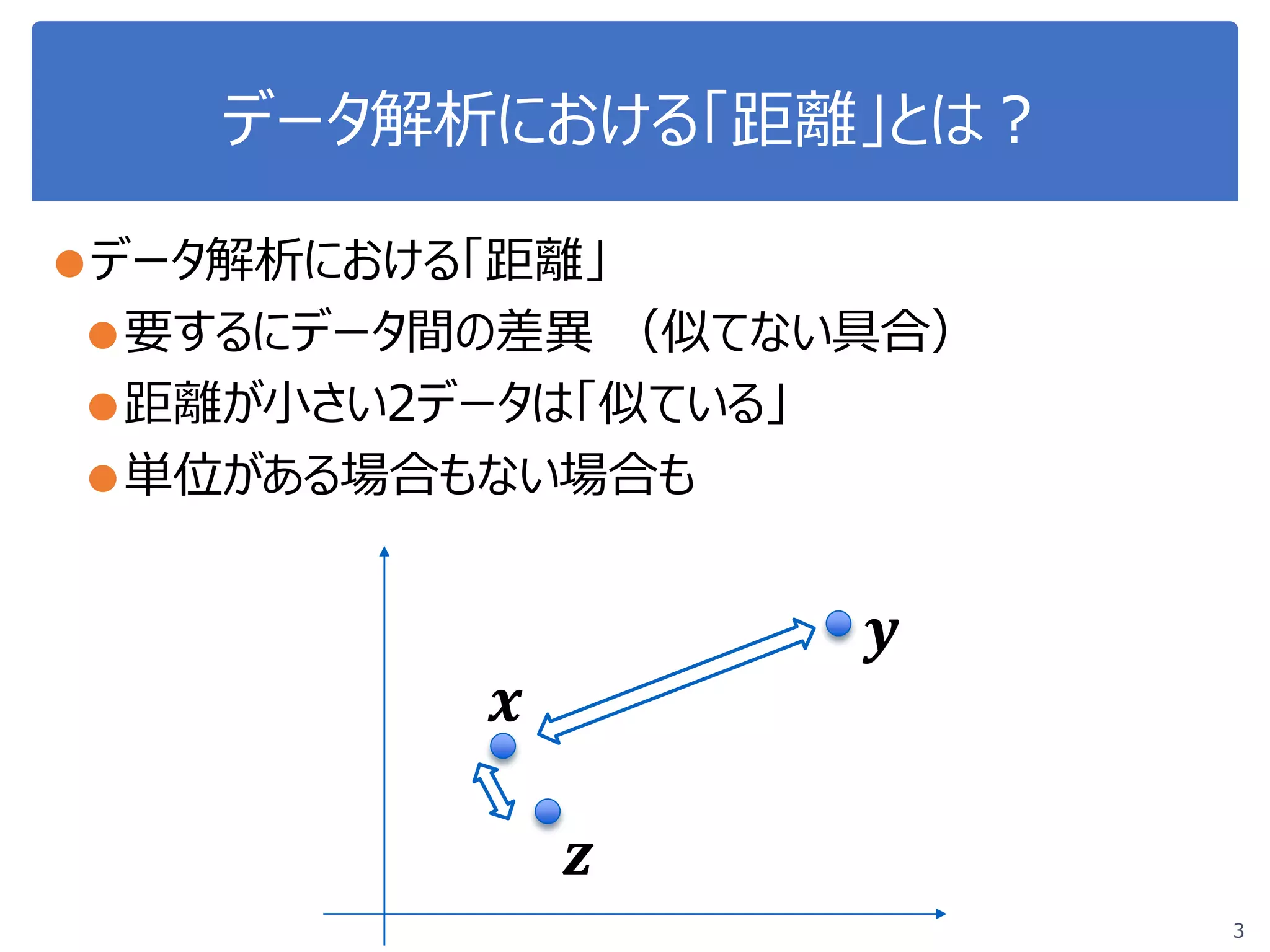データ解析における「距離」とは？
●データ解析における「距離」
●要するにデータ間の差異 （似てない具合）
●距離が小さい2データは「似ている」
●単位がある場合もない場合も
3
𝒙𝒙
𝒚𝒚
𝒛𝒛
 