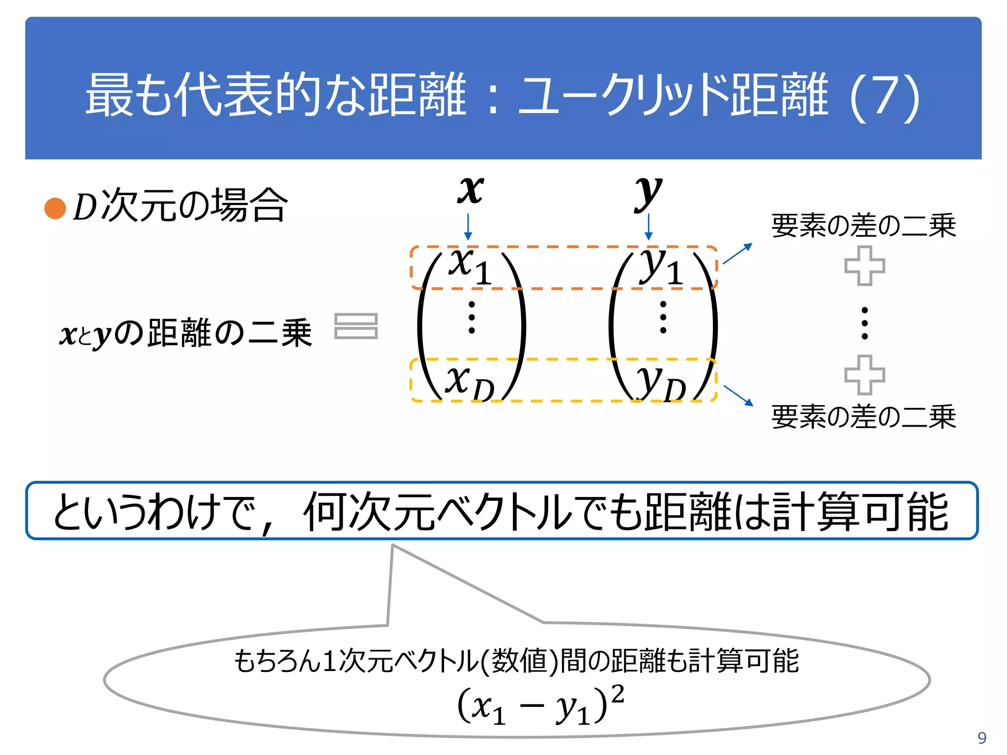最も代表的な距離：ユークリッド距離 (7)
● 𝐷𝐷次元の場合
9
𝑥𝑥1
⋮
𝑥𝑥𝐷𝐷
𝑦𝑦1
⋮
𝑦𝑦𝐷𝐷
𝒙𝒙と 𝒚𝒚の距離の二乗
要素の差の二乗
要素の差の二乗
𝒙𝒙 𝒚𝒚
⋮
というわけで，何次元ベクトルでも距離は計算可能
もちろん1次元ベクトル(数値)間の距離も計算可能
𝑥𝑥1 − 𝑦𝑦1
2
 