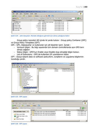S a y f a | 102

Şekil 124: .adm dosyaları. Nerede olduğunu görmek için adres çubuğuna bakın

Group policy nesneleri AD içinde iki yerde tutulur : Group policy Contianer (GPC)
ve Group Policy Templates (GPT)
GPC : GPC, bilgisayarlar ve kullanıcılar için alt klasörler içerir. İçinde :
- Versiyon bilgisi : Bu bilgi sayesinde tüm domain controllerlarda aynı GPO ların
olması sağlanır
- Status bilgisi : GPO’nun Enable veya Disable olup olmadığı bilgisi tutulur.
- List of Extensions : GPO da kullanılan GP uzantılarının listesi
GPT : Dosya tabanlı data ve software policy’lerin, scriptlerin ve uygulama bilgilerinin
tutulduğu yerdir.

Şekil 125: GPC yapısı

Şekil 126: GPT yapısı

 