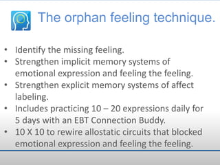 The orphan feeling technique.
• Identify the missing feeling.
• Strengthen implicit memory systems of
emotional expression and feeling the feeling.
• Strengthen explicit memory systems of affect
labeling.
• Includes practicing 10 – 20 expressions daily for
5 days with an EBT Connection Buddy.
• 10 X 10 to rewire allostatic circuits that blocked
emotional expression and feeling the feeling.

 