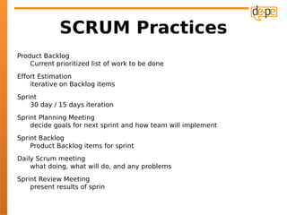 SCRUM Practices
Product Backlog
    Current prioritized list of work to be done
Effort Estimation
    iterative on Backlog items
Sprint
    30 day / 15 days iteration
Sprint Planning Meeting
    decide goals for next sprint and how team will implement
Sprint Backlog
    Product Backlog items for sprint
Daily Scrum meeting
    what doing, what will do, and any problems
Sprint Review Meeting
    present results of sprin
 