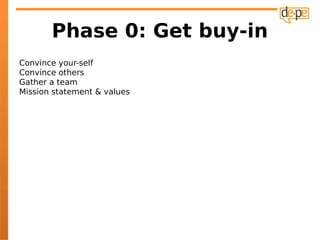 Phase 0: Get buy-in
Convince your-self
Convince others
Gather a team
Mission statement & values
 