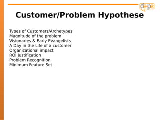 Customer/Problem Hypothese
Types of Customers/Archetypes
Magnitude of the problem
Visionaries & Early Evangelists
A Day in the Life of a customer
Organizational impact
ROI Justification
Problem Recognition
Minimum Feature Set
 