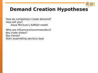 Demand Creation Hypotheses
How do competitors create demand?
How will you?
   Dave McClure’s AARGH model
Who are influencers/recommendors?
Key trade shows?
Key trends?
Start assembling advisory boar
 