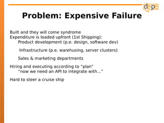 Problem: Expensive Failure
Built and they will come syndrome
Expenditure is loaded upfront (1st Shipping):
    Product development (p.e. design, software dev)
    Infrastructure (p.e. warehusing, server clusters)
    Sales & marketing departments
Hiring and executing according to “plan”
    “now we need an API to integrate with...”
Hard to steer a cruise ship
 