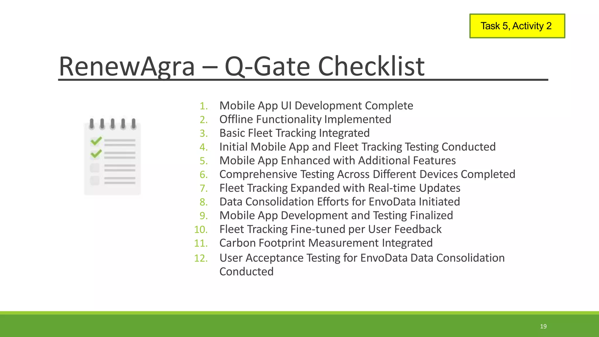 RenewAgra – Q-Gate Checklist
Task 5, Activity 2
1. Mobile App UI Development Complete
2. Offline Functionality Implemented
3. Basic Fleet Tracking Integrated
4. Initial Mobile App and Fleet Tracking Testing Conducted
5. Mobile App Enhanced with Additional Features
6. Comprehensive Testing Across Different Devices Completed
7. Fleet Tracking Expanded with Real-time Updates
8. Data Consolidation Efforts for EnvoData Initiated
9. Mobile App Development and Testing Finalized
10. Fleet Tracking Fine-tuned per User Feedback
11. Carbon Footprint Measurement Integrated
12. User Acceptance Testing for EnvoData Data Consolidation
Conducted
19
 