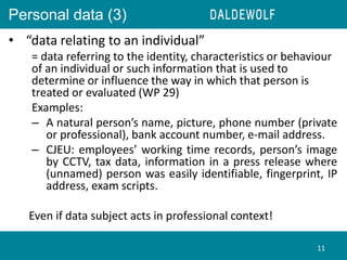 Personal data (3)
• “data relating to an individual”
= data referring to the identity, characteristics or behaviour
of an ...