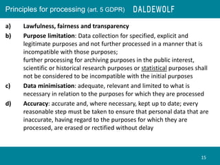Principles for processing (art. 5 GDPR)
a) Lawfulness, fairness and transparency
b) Purpose limitation: Data collection fo...