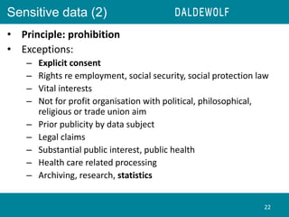 Sensitive data (2)
• Principle: prohibition
• Exceptions:
– Explicit consent
– Rights re employment, social security, soci...