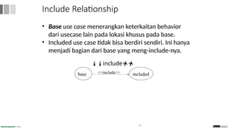Include Relationship
• Base use case menerangkan keterkaitan behavior
dari usecase lain pada lokasi khusus pada base.
• Included use case tidak bisa berdiri sendiri. Ini hanya
menjadi bagian dari base yang meng-include-nya.
include
41
base included
<<include>>
 