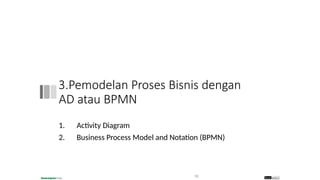 3.Pemodelan Proses Bisnis dengan
AD atau BPMN
1. Activity Diagram
2. Business Process Model and Notation (BPMN)
50
 
