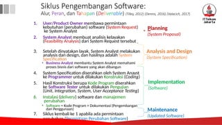 1. User/Product Owner membawa permintaan
kebutuhan (perubahan) software (System Request)
ke System Analyst
2. System Analyst membuat analisis kelayakan
(Feasibility Analysis) dari System Request tersebut
3. Setelah dinyatakan layak, System Analyst melakukan
analysis dan design, dan hasilnya adalah System
Specification
• Business Analyst membantu System Analyst memahami
proses bisnis dari software yang akan dibangun
4. System Specification diserahkan oleh System Anayst
ke Programmer untuk dilakukan Konstruksi (Coding)
5. Hasil Konstruksi berupa Kode Program diserahkan
ke Software Tester untuk dilakukan Pengujian
(Unit, Integration, System, User Acceptance Testing)
6. Instalasi (delivery) software dan manajemen
perubahan
• Software = Kode Program + Dokumentasi (Pengembangan
dan Penggunaan)
7. Siklus kembali ke 1 apabila ada permintaan
perubahan (Permintaan Perubahan Software)
Siklus Pengembangan Software:
Alur, Peran, dan Tahapan (Deliverable) (Tilley, 2012) (Dennis, 2016) (Valacich, 2017)
Planning
(System Proposal)
Analysis and Design
(System Specification)
Implementation
(Software)
Maintenance
(Updated Software)
9
 