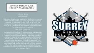 SURREY MINOR BALL
HOCKEY ASSOCIATION
Address- Surrey
Service Sector
Volunteer- Based on the reading, the SMBHA is an example
of the voluntary sector, as it is “an organization operated
primarily by volunteers” (Lunn, 2020, pg. 8). It fits the
category of being an organization that is voluntary (Lunn,
2020, pg. 6). The SMBHA also mentions being a volunteer-
run organization on the website.
SPSC 2210 Connection
Recreation and Coaching- This organization is an example
of recreation because it falls under the athletics and sports
category. According to the reading, “examples of athletics
and sports organizations include aquatics, athletic clubs,
health clubs, hockey, yachting etc.” (Lunn, 2020, pg. 9).
Based on the description, the SMBHA falls under the
hockey category, as it provides variety of opportunities to
participate in ball hockey from the tyke to junior divisions.
There also coaching opportunities available for those
interested in coaching minor hockey as either a head coach
or an assistant coach.
 