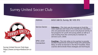 Surrey United Soccer Club
Address 6410 168 St, Surrey, BC V3S 3Y1
Service Sector Voluntary – This club uses its revenues to fund the
clubs expenses and many of its coaches are volunteers
who are passionate about soccer and physical activity. It
has programs for youth and young adults as well as it
uses funding from the community to maintain its
services (Lunn, 2020).
SPSC 2210
Connection
Coaching – The club relies on its coaches to provide
excellent experiences and teach those who participate.
Many of what we learned in the NCCP booklets, these
coaches demonstrate these strategies and techniques.Surrey United Soccer Club logo
https://www.surreyunitedsoccer.co
m/
 