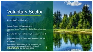 Voluntary Sector
8
ADD A FOOTER
Example #7: Athletic Club
Name: Fitness 2000 Athletic Club
Address: Tower West, 9304 Salish Court, Burnaby,
BC
Example: It is non-profit mainly because you need
to
pay the company to be allowed access to use the
equipment
Connection: It connects to the course as we
discussed main concepts about non-profit
organizations in our previous class
 