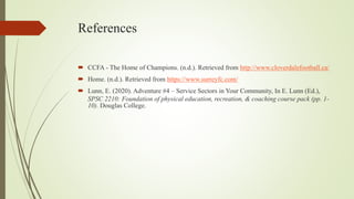 References
 CCFA - The Home of Champions. (n.d.). Retrieved from http://www.cloverdalefootball.ca/
 Home. (n.d.). Retrie...