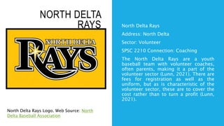 NORTH DELTA
RAYS North Delta Rays
Address: North Delta
Sector: Volunteer
SPSC 2210 Connection: Coaching
The North Delta Rays are a youth
baseball team with volunteer coaches,
often parents, making it a part of the
volunteer sector (Lunn, 2021). There are
fees for registration as well as the
uniform, but as is characteristic of the
volunteer sector, these are to cover the
cost rather than to turn a profit (Lunn,
2021).
North Delta Rays Logo. Web Source: North
Delta Baseball Association
 