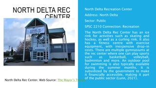 NORTH DELTA REC
CENTER
North Delta Recreation Center
Address: North Delta
Sector: Public
SPSC 2210 Connection: Recreation
The North Delta Rec Center has an ice
rink for activities such as skating and
hockey, as well as a curling rink. It also
has a fitness centre with exercise
equipment, with inexpensive drop-in
costs. There are multiple gymnasiums at
the rec center where one can play sports
such as basketball, volleyball,
badminton and more. An outdoor pool
for swimming is also typically available
during the summer months. It is
subsidized by the government to make
it financially accessible, making it part
of the public sector (Lunn, 2021).
North Delta Rec Center. Web Source: The Mayor’s Twitter
 