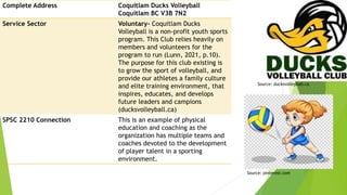 Complete Address Coquitlam Ducks Volleyball
Coquitlam BC V3B 7N2
Service Sector Voluntary- Coquitlam Ducks
Volleyball is a non-profit youth sports
program. This Club relies heavily on
members and volunteers for the
program to run (Lunn, 2021, p.10).
The purpose for this club existing is
to grow the sport of volleyball, and
provide our athletes a family culture
and elite training environment, that
inspires, educates, and develops
future leaders and campions
(ducksvolleyball.ca)
SPSC 2210 Connection This is an example of physical
education and coaching as the
organization has multiple teams and
coaches devoted to the development
of player talent in a sporting
environment.
Source: ducksvolleyball.ca
Source: pinterest.com
 