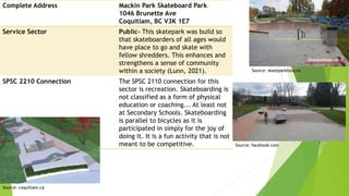 Complete Address Mackin Park Skateboard Park
1046 Brunette Ave
Coquitlam, BC V3K 1E7
Service Sector Public- This skatepark was build so
that skateboarders of all ages would
have place to go and skate with
fellow shredders. This enhances and
strengthens a sense of community
within a society (Lunn, 2021).
SPSC 2210 Connection The SPSC 2110 connection for this
sector is recreation. Skateboarding is
not classified as a form of physical
education or coaching... At least not
at Secondary Schools. Skateboarding
is parallel to bicycles as it is
participated in simply for the joy of
doing it. It is a fun activity that is not
meant to be competitive.
Source: skateparktour.ca
Source: facebook.com
Source: coquitlam.ca
 