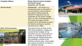 Complete Address Poirier Sport & Leisure Complex
633 Poirier Street
Coquitlam, BC V3J 6A9
Service Sector Commercial - this facility is a
commercial sector as the public is
not permitted to come and go as
they please without payment.
Payment is required to use the
equipment at this facility (weight
room, ice rink, swimming pool etc…).
The money then goes into the
complex and is distributed to ensure
the facility continues to operate
correctly (Lunn, 2020).
SPSC 2210 Connection This sector covers all three of the
SPSC 2210 foundations. People can
use the Poirier Complex for fun
recreation such as, family open-ice
skates, or a birthday party at the
swimming pool. Physical education
and coaching is covered in the
facilities exercise room, where public
spin classes are offered, as well as 1-
on-1 personal training.
Source: coquitlam.ca
Source: coquitlam.ca
Source: coquitlam.ca
 