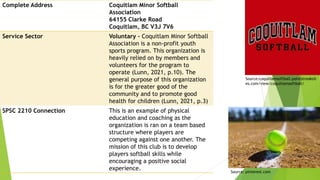 Complete Address Coquitlam Minor Softball
Association
64155 Clarke Road
Coquitlam, BC V3J 7V6
Service Sector Voluntary – Coquitlam Minor Softball
Association is a non-profit youth
sports program. This organization is
heavily relied on by members and
volunteers for the program to
operate (Lunn, 2021, p.10). The
general purpose of this organization
is for the greater good of the
community and to promote good
health for children (Lunn, 2021, p.3)
SPSC 2210 Connection This is an example of physical
education and coaching as the
organization is ran on a team based
structure where players are
competing against one another. The
mission of this club is to develop
players softball skills while
encouraging a positive social
experience.
Source:coquitlamsoftball.pointstreaksit
es.com/view/coquitlamsoftball/
Source: pinterest.com
 