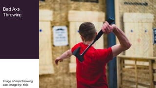 Bad Axe
Throwing
Image of man throwing
axe, image by: Yelp
 