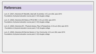 References
Lunn, E. (2021). Adventure #1-Benefits, ideal self, & activities. In E.Lunn (Ed), spsc 2210:
Foundations of physical education course pack (1-22) douglas college.
Lunn, E. (2022). Adventure #2-History of PE & REC. In E.Lunn (Ed), spsc 2210:
Foundations of physical education course pack (1-22) douglas college.
Lunn, E. (2022). Adventure #3 – Physical Literacy, Play, & Perspectives. In E.Lunn (Ed), spsc 2210:
Foundations of physical education course pack (1-22) douglas college
Lunn, E. (2022). Adventure #4-Service Sectors in Your Community. In E.Lunn (Ed), spsc 2210:
Foundations of physical education course pack (1-22) douglas college.
 