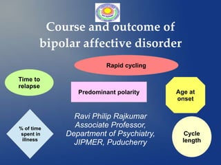 Course and outcome of
bipolar affective disorder
Ravi Philip Rajkumar
Associate Professor,
Department of Psychiatry,
JIPMER, Puducherry
Time to
relapse
Cycle
length
Rapid cycling
% of time
spent in
illness
Predominant polarity Age at
onset
 