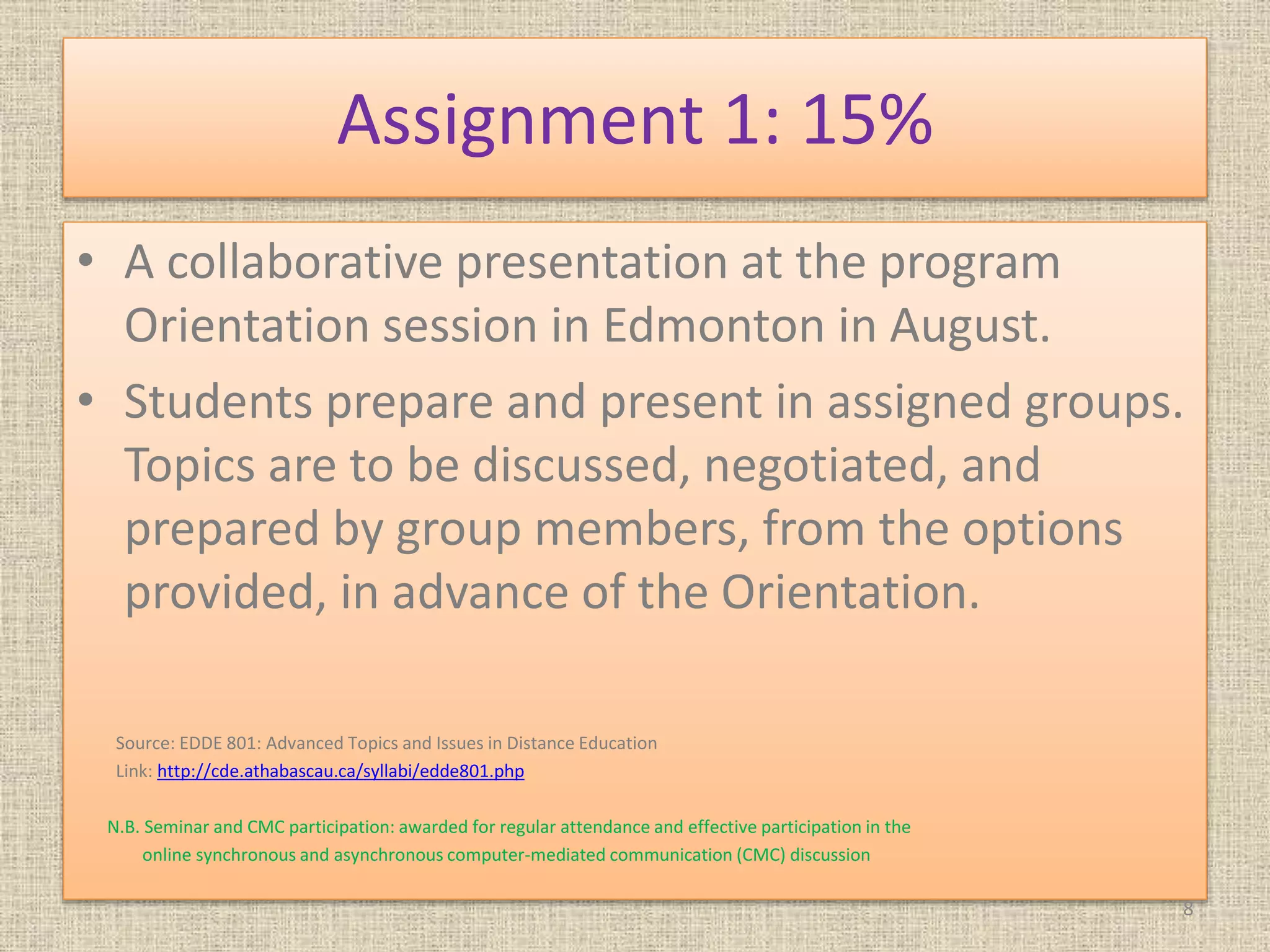 Assignment 1: 15%
• A collaborative presentation at the program
Orientation session in Edmonton in August.
• Students prepare and present in assigned groups.
Topics are to be discussed, negotiated, and
prepared by group members, from the options
provided, in advance of the Orientation.
Source: EDDE 801: Advanced Topics and Issues in Distance Education
Link: http://cde.athabascau.ca/syllabi/edde801.php
N.B. Seminar and CMC participation: awarded for regular attendance and effective participation in the
online synchronous and asynchronous computer-mediated communication (CMC) discussion
8
 
