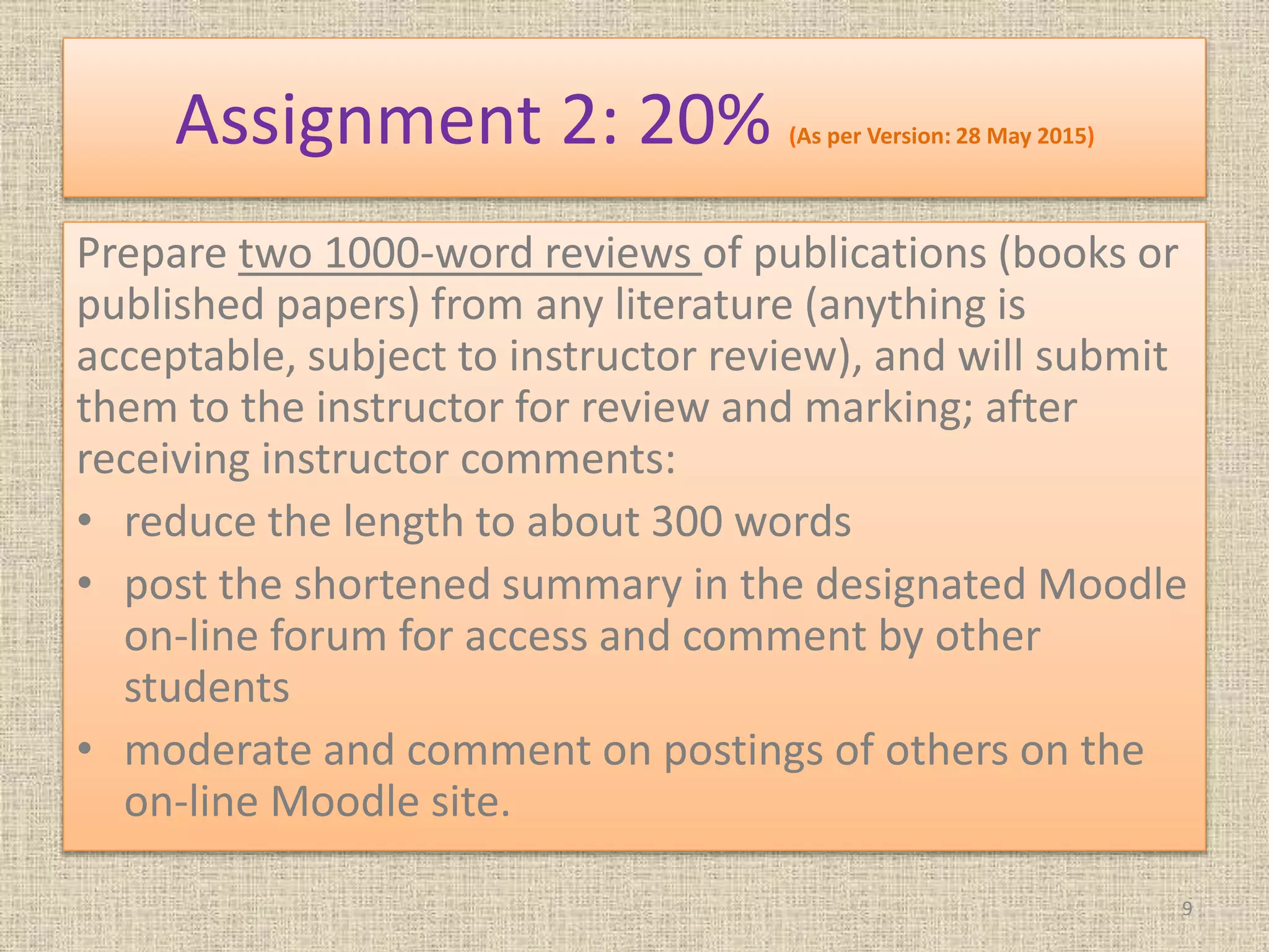 Assignment 2: 20% (As per Version: 28 May 2015)
Prepare two 1000-word reviews of publications (books or
published papers) from any literature (anything is
acceptable, subject to instructor review), and will submit
them to the instructor for review and marking; after
receiving instructor comments:
• reduce the length to about 300 words
• post the shortened summary in the designated Moodle
on-line forum for access and comment by other
students
• moderate and comment on postings of others on the
on-line Moodle site.
9
 