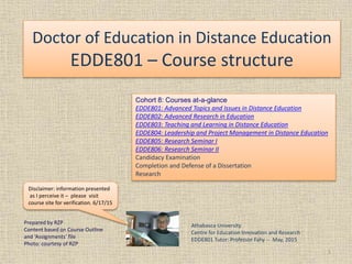 Doctor of Education in Distance Education
EDDE801 – Course structure
1
Cohort 8: Courses at-a-glance
EDDE801: Advanced Topics and Issues in Distance Education
EDDE802: Advanced Research in Education
EDDE803: Teaching and Learning in Distance Education
EDDE804: Leadership and Project Management in Distance Education
EDDE805: Research Seminar I
EDDE806: Research Seminar II
Candidacy Examination
Completion and Defense of a Dissertation
Research
Prepared by RZP
Content based on Course Outline
and ‘Assignments’ file
Photo: courtesy of RZP
Athabasca University
Centre for Education Innovation and Research
EDDE801 Tutor: Professor Fahy -- May, 2015
Disclaimer: information presented
as I perceive it – please visit
course site for verification. 6/17/15
 