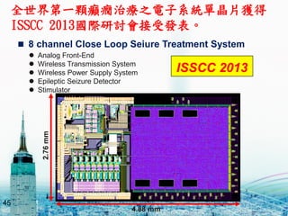 45
? 8 channel Close Loop Seiure Treatment System
? Analog Front-End
? Wireless Transmission System
? Wireless Power Supply System
? Epileptic Seizure Detector
? Stimulator
2.76mm
4.88 mm
ISSCC 2013
ȫһwdBί֮ϵyξƬ@
ISSCC 2013Hӑܰl
 