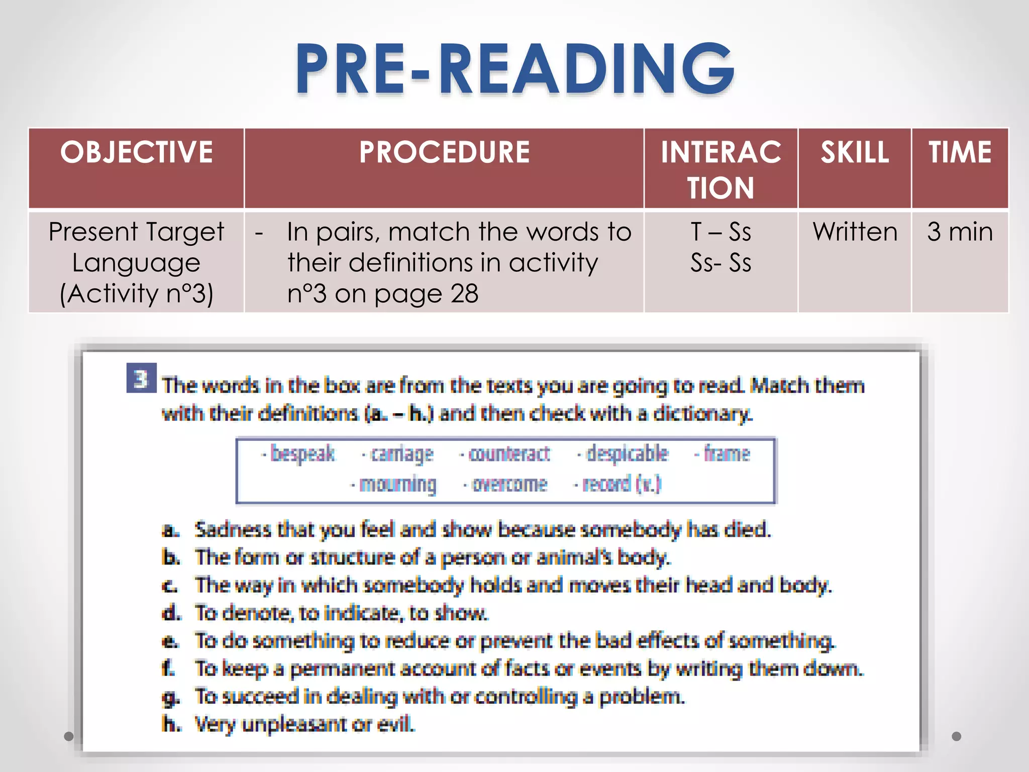 PRE-READING 
OBJECTIVE PROCEDURE INTERAC 
TION 
SKILL TIME 
Present Target 
Language 
(Activity n°3) 
- In pairs, match the words to 
their definitions in activity 
n°3 on page 28 
T – Ss 
Ss- Ss 
Written 3 min 
 