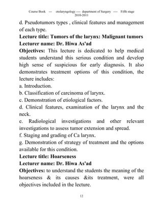 Course Book ---   otolaryngology ---- department of Surgery ----   Fifth stage
                                   2010-2011

d. Pseudotumors types , clinical features and management
of each type.
Lecture title: Tumors of the larynx: Malignant tumors
Lecturer name: Dr. Hiwa As'ad
Objectives: This lecture is dedicated to help medical
students understand this serious condition and develop
high sense of suspicious for early diagnosis. It also
demonstrates treatment options of this condition, the
lecture includes:
a. Introduction.
b. Classification of carcinoma of larynx.
c. Demonstration of etiological factors.
d. Clinical features, examination of the larynx and the
neck.
e. Radiological investigations and other relevant
investigations to assess tumor extension and spread.
f. Staging and grading of Ca larynx.
g. Demonstration of strategy of treatment and the options
available for this condition.
Lecture title: Hoarseness
Lecturer name: Dr. Hiwa As'ad
Objectives: to understand the students the meaning of the
hoarseness & its causes &its treatment, were all
objectives included in the lecture.

                                       12
 