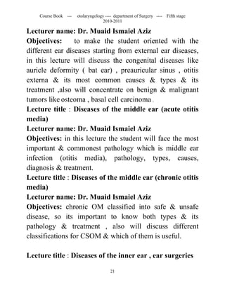 Course Book ---   otolaryngology ---- department of Surgery ----   Fifth stage
                                   2010-2011

Lecturer name: Dr. Muaid Ismaiel Aziz
Objectives:      to make the student oriented with the
different ear diseases starting from external ear diseases,
in this lecture will discuss the congenital diseases like
auricle deformity ( bat ear) , preauricular sinus , otitis
externa & its most common causes & types & its
treatment ,also will concentrate on benign & malignant
tumors like osteoma , basal cell carcinoma .
Lecture title : Diseases of the middle ear (acute otitis
media)
Lecturer name: Dr. Muaid Ismaiel Aziz
Objectives: in this lecture the student will face the most
important & commonest pathology which is middle ear
infection (otitis media), pathology, types, causes,
diagnosis & treatment.
Lecture title : Diseases of the middle ear (chronic otitis
media)
Lecturer name: Dr. Muaid Ismaiel Aziz
Objectives: chronic OM classified into safe & unsafe
disease, so its important to know both types & its
pathology & treatment , also will discuss different
classifications for CSOM & which of them is useful.

Lecture title : Diseases of the inner ear , ear surgeries

                                       21
 