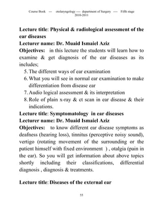 Course Book ---   otolaryngology ---- department of Surgery ----   Fifth stage
                                   2010-2011



Lecture title: Physical & radiological assessment of the
ear diseases
Lecturer name: Dr. Muaid Ismaiel Aziz
Objectives: in this lecture the students will learn how to
examine & get diagnosis of the ear diseases as its
includes;
  5. The different ways of ear examination
  6. What you will see in normal ear examination to make
     differentiation from disease ear
  7. Audio logical assessment & its interpretation
  8. Role of plain x-ray & ct scan in ear disease & their
     indications.
Lecture title: Symptomatology in ear diseases
Lecturer name: Dr. Muaid Ismaiel Aziz
Objectives: to know different ear disease symptoms as
deafness (hearing loss), tinnitus (perceptive noisy sound),
vertigo (rotating movement of the surrounding or the
patient himself with fixed environment ) , otalgia (pain in
the ear). So you will get information about above topics
shortly including their classifications, differential
diagnosis , diagnosis & treatments.

Lecture title: Diseases of the external ear

                                       55
 