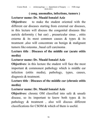 Course Book ---   otolaryngology ---- department of Surgery ----   Fifth stage
                                   2010-2011

               ( cong. anomalies, infections, tumors )
Lecturer name: Dr. Muaid Ismaiel Aziz
Objectives:       to make the student oriented with the
different ear diseases starting from external ear diseases,
in this lecture will discuss the congenital diseases like
auricle deformity ( bat ear) , preauricular sinus , otitis
externa & its most common causes & types & its
treatment ,also will concentrate on benign & malignant
tumors like osteoma , basal cell carcinoma .
Lecture title : Diseases of the middle ear (acute otitis
media)
Lecturer name: Dr. Muaid Ismaiel Aziz
Objectives: in this lecture the student will face the most
important & commonest pathology which is middle ear
infection (otitis media), pathology, types, causes,
diagnosis & treatment.
Lecture title : Diseases of the middle ear (chronic otitis
media)
Lecturer name: Dr. Muaid Ismaiel Aziz
Objectives: chronic OM classified into safe & unsafe
disease, so its important to know both types & its
pathology & treatment , also will discuss different
classifications for CSOM & which of them is useful.


                                       56
 