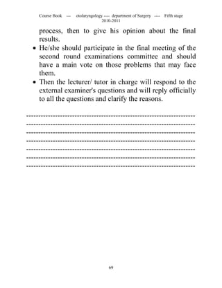 Course Book ---   otolaryngology ---- department of Surgery ----   Fifth stage
                                    2010-2011

    process, then to give his opinion about the final
    results.
  • He/she should participate in the final meeting of the
    second round examinations committee and should
    have a main vote on those problems that may face
    them.
  • Then the lecturer/ tutor in charge will respond to the
    external examiner's questions and will reply officially
    to all the questions and clarify the reasons.

----------------------------------------------------------------------
----------------------------------------------------------------------
----------------------------------------------------------------------
----------------------------------------------------------------------
----------------------------------------------------------------------
----------------------------------------------------------------------
----------------------------------------------------------------------




                                        69
 