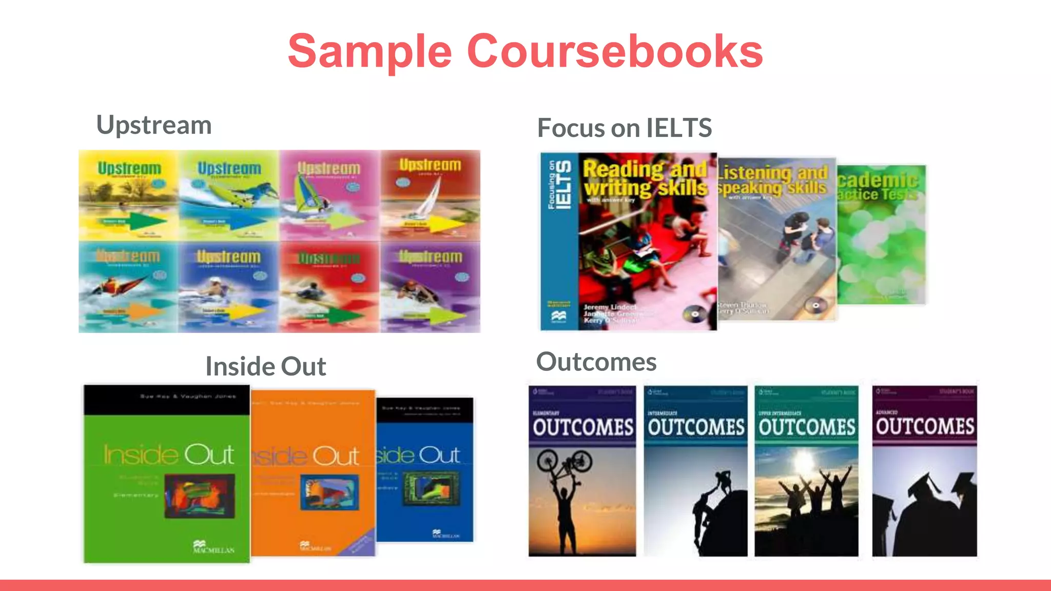 Sample Coursebooks
Focus on IELTS
Inside Out
Upstream
Outcomes
