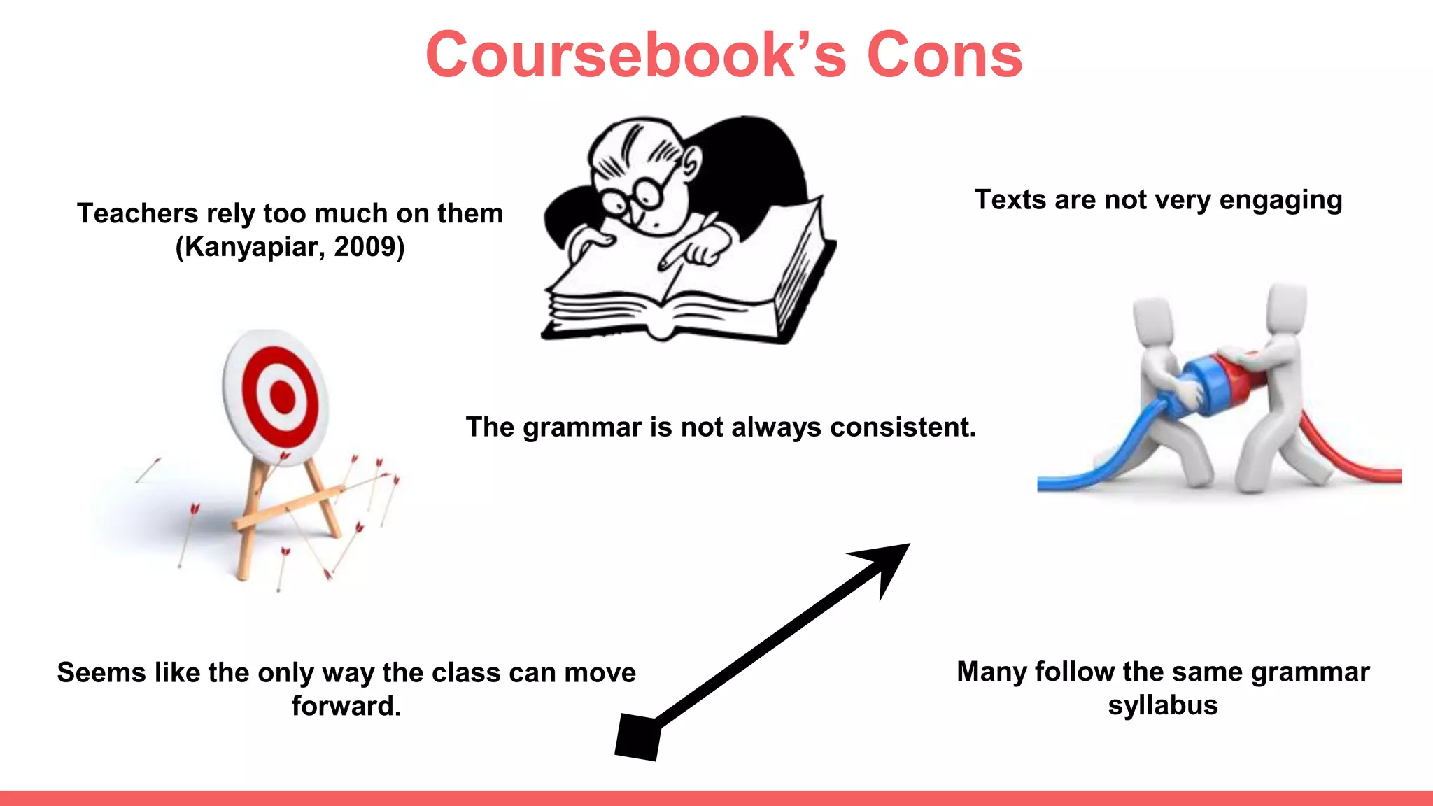 Coursebook’s Cons
Teachers rely too much on them
(Kanyapiar, 2009)
The grammar is not always consistent.
Many follow the same grammar
syllabus
Texts are not very engaging
Seems like the only way the class can move
forward.