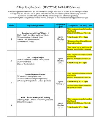 College Study Methods (TENTATIVE) FALL 2013 Schedule
*I don’t accept late work because it is not fair to those who get their work in on time. If you attempt to turn in
an assignment late but don’t see an option for submission it is because the system automatically hides the
submission link after 2:00 pm on Monday afternoons (unless otherwise specified.)
*I reserve the right to change the schedule as needed. I will post an announcement alerting you of any changes.
Week Topic/Assignments
Assignment
Opens
Assignment Due Date/Time
1
Introduction Activities/ Chapter 1
☐Why Do We Need This Stuff (chp. 1) Quiz
☐Discussion Board – Meet & Greet
☐ Know Your Documents Quiz
☐ End Of Week Survey
opens
Monday
3/17
*This assignment can be found on
Blackboard
(ASSIGNMENTS folder, Week 1)
* Due Monday 3/31 2 pm
*Discussion Board has additional
Midweek Deadlines
*I am giving you an additional day
because of the holiday this week
2
Test Taking Strategies
☐ Email Sent From Your CWI Email Account
☐ Chapter 11 Quiz
☐ Video Questions Quiz
opens
Monday
3/31
*This assignment can be found on
Blackboard
(ASSIGNMENTS folder, Week 2)
* Due Monday 4/7 2 pm
3
Improving Your Memory!
☐ Chapter 10 Activity Questions
☐ Discussion Board – Improving Memory
☐ Memory Strategies Video Lecture Questions opens
Monday 4/7
*This assignment can be found on
Blackboard
(ASSIGNMENTS folder, Week 3)
* Due Monday 4/14 2 pm
*Discussion Board has additional
Midweek Deadlines
4
How To Take Notes / Goal Setting
☐ Taking Notes Chapter and Video Questions
☐ Goal Setting Quiz
opens
Monday
4/14
*This assignment can be found on
Blackboard
(ASSIGNMENTS folder, Week 4)
* Due Monday 4/21 2 pm
 